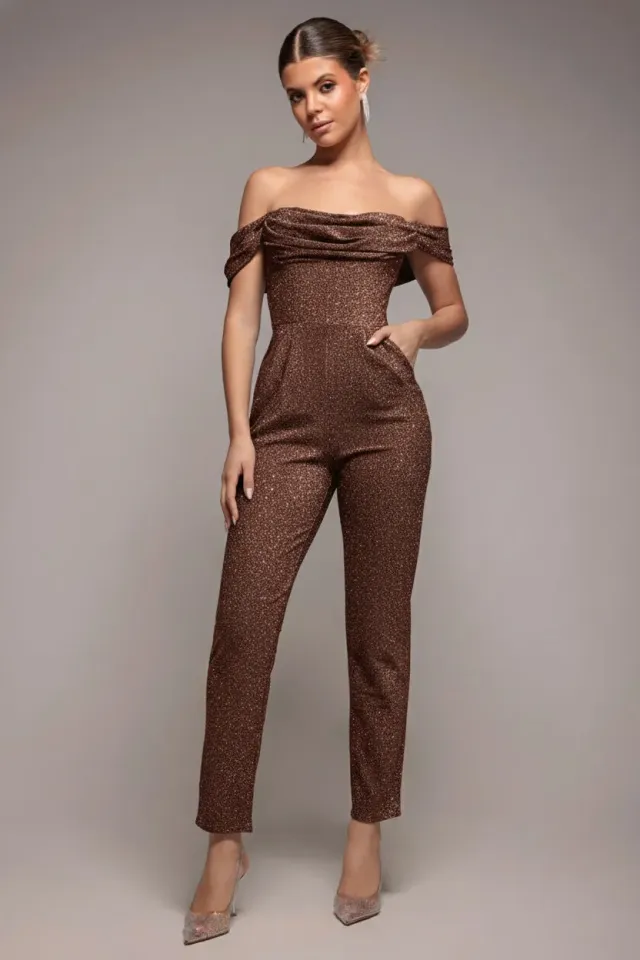 Goddiva tuta jumpsuit bronzo lurex scollo drappeggiato