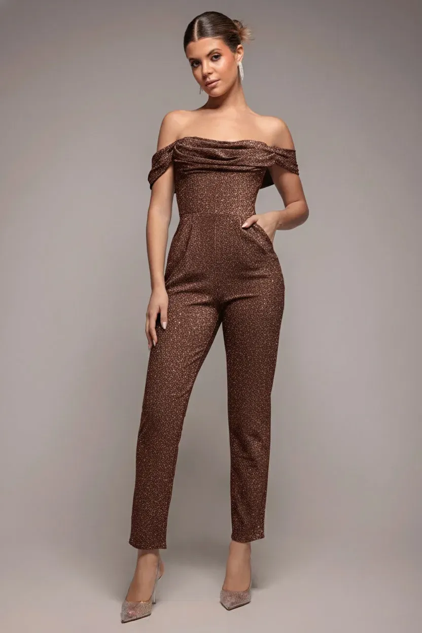Goddiva tuta jumpsuit bronzo lurex scollo drappeggiato