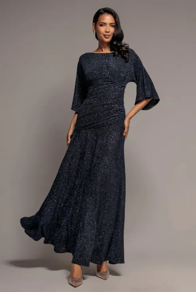 Goddiva Lurex Kimono abito maxi blu navy maniche kimono