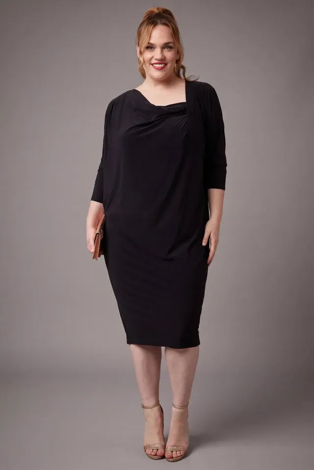 Goddiva Loose Fit Midi abito nero collo asimmetrico
