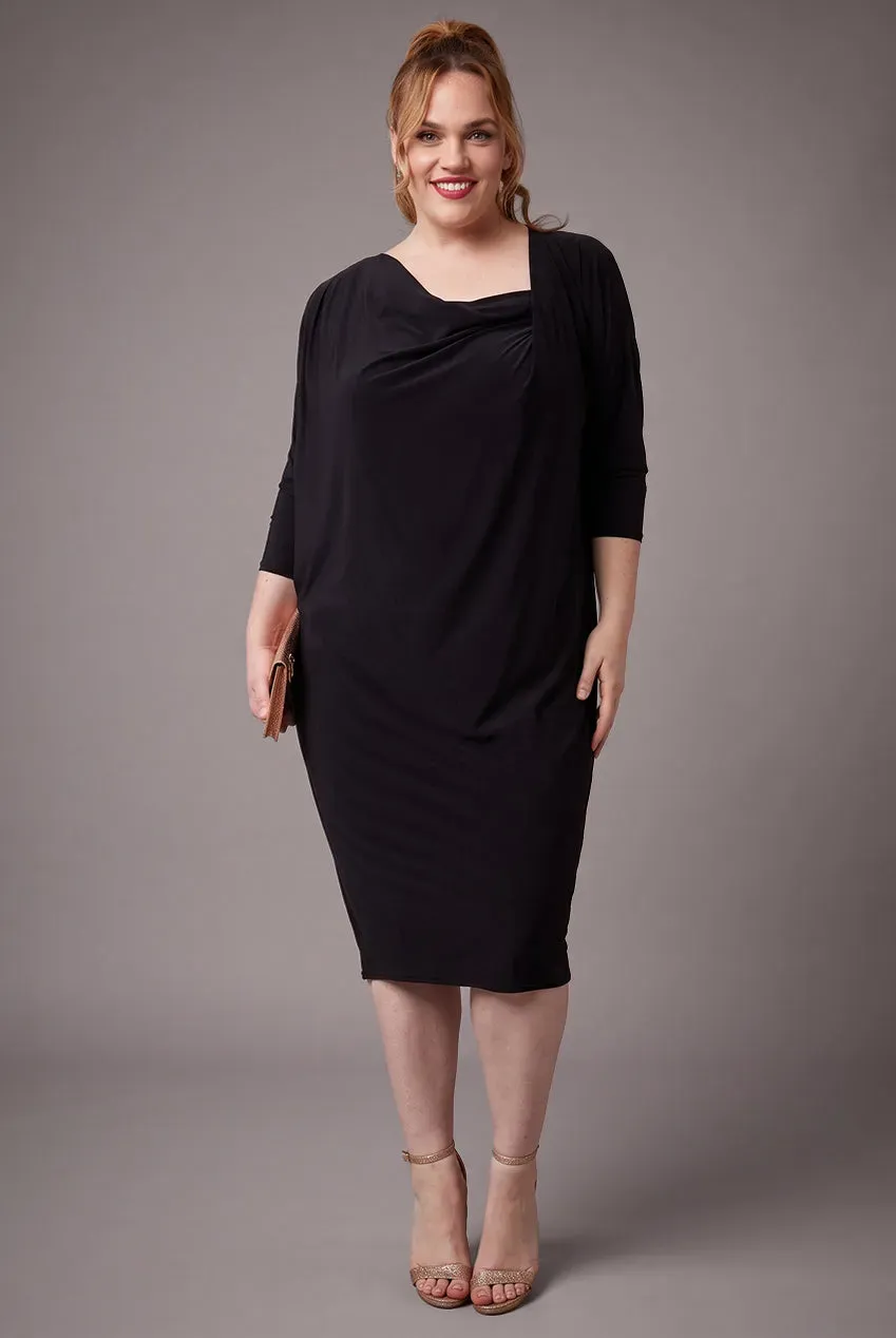 Goddiva Loose Fit Midi abito nero collo asimmetrico