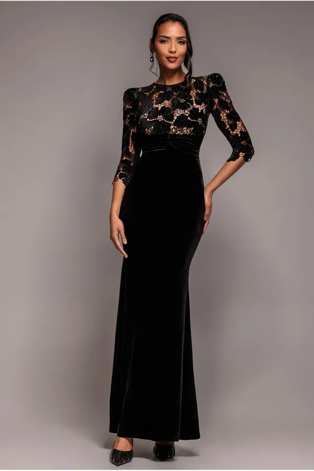 Goddiva Scalloped Abito Lungo Nero Velluto Pizzo