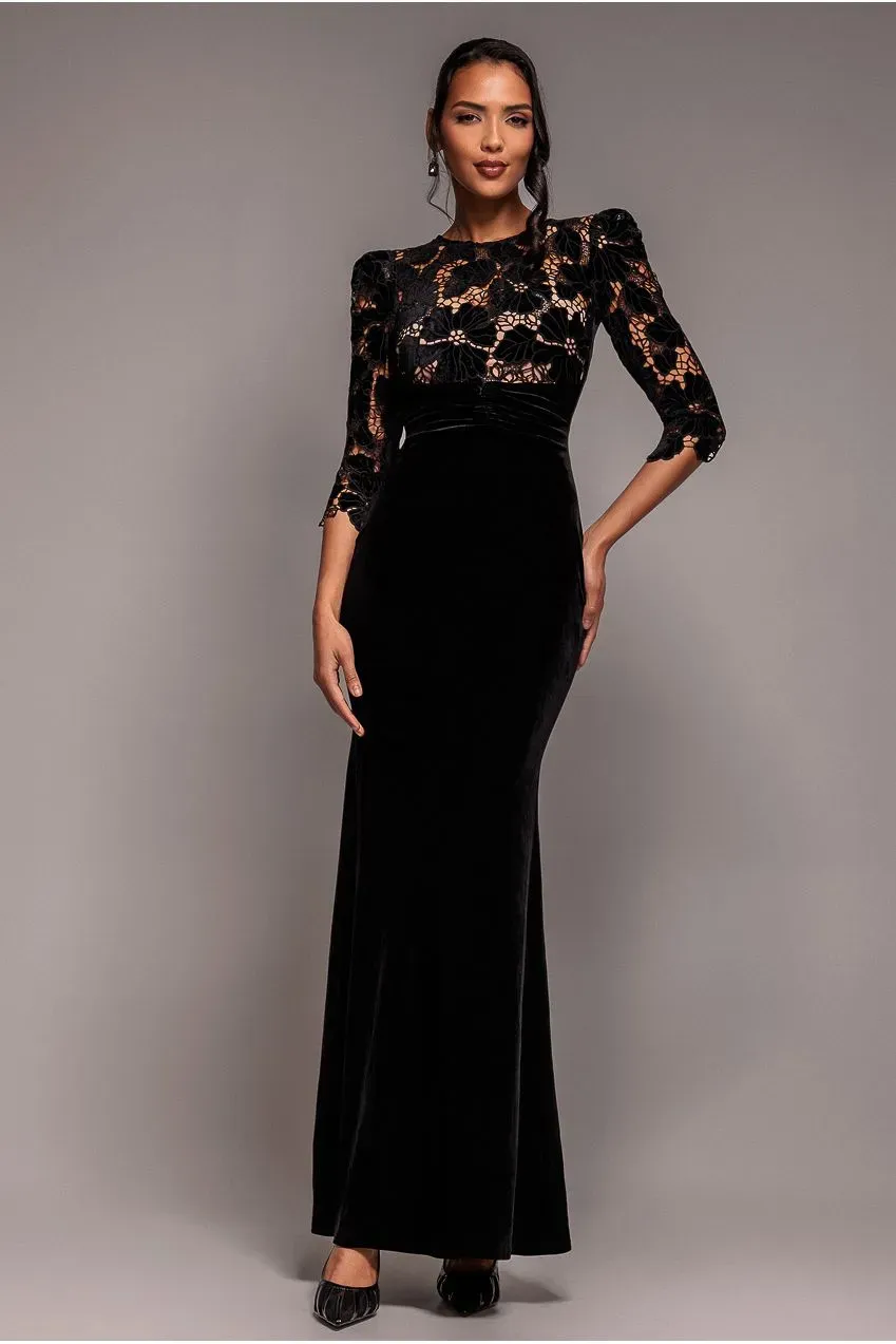 Goddiva Scalloped Abito Lungo Nero Velluto Pizzo