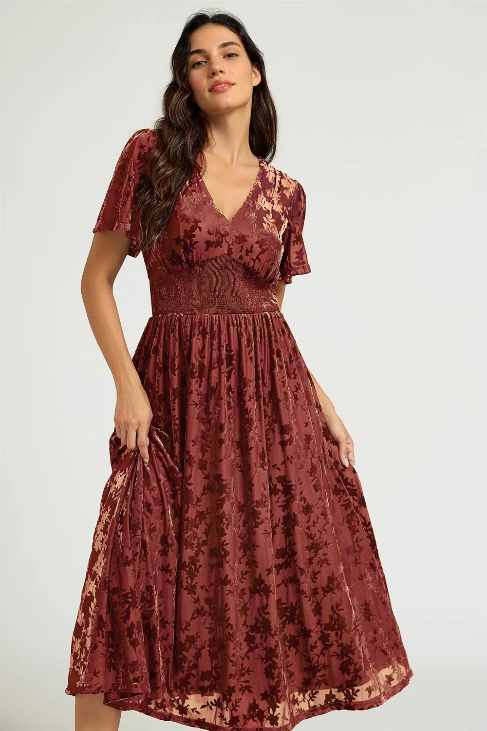 FS Collection Rust Velvet Burnout V-Neck Angel Sleeve Abito Midi Ruggine