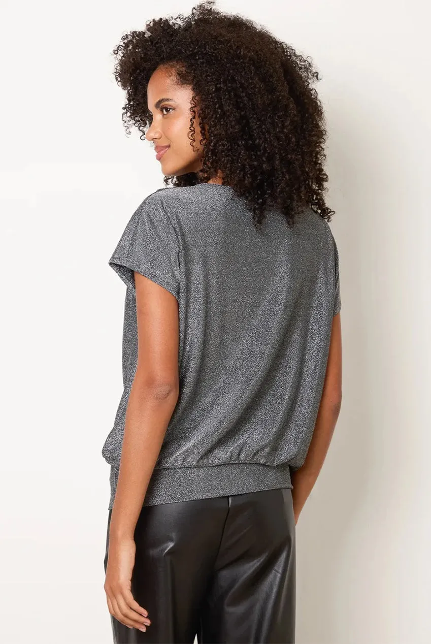 Blue Vanilla Draped top argentato scollo sciallato metallico