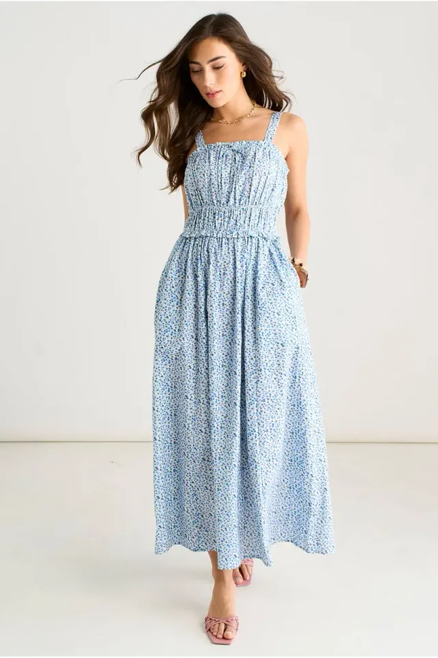 Gini London Ditsy Floral midi abito azzurro fiori smock