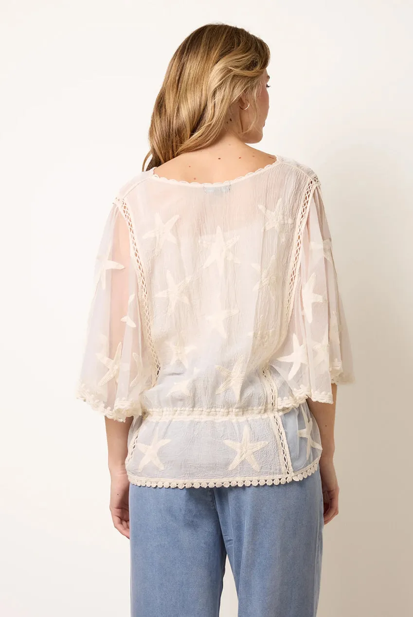 Blue Vanilla Star Fish Camicia beige in cotone ricamata