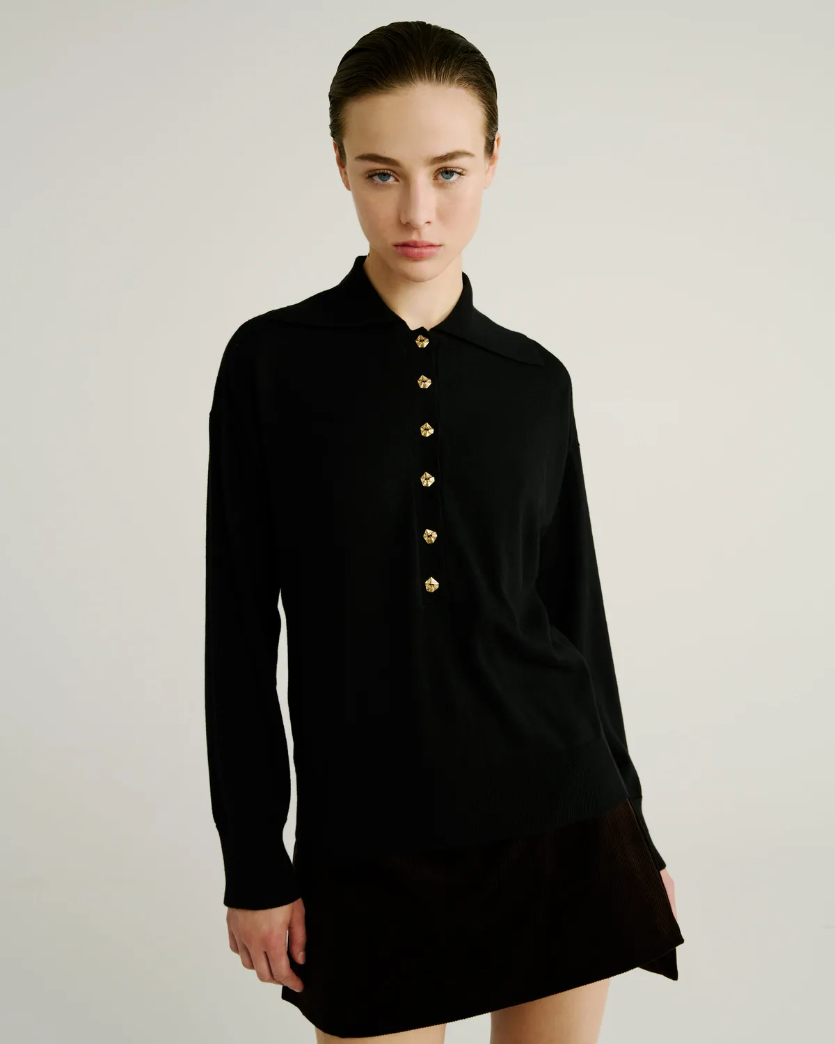 Violante Nessi Ansel polo nero cashmere cotone bottoni