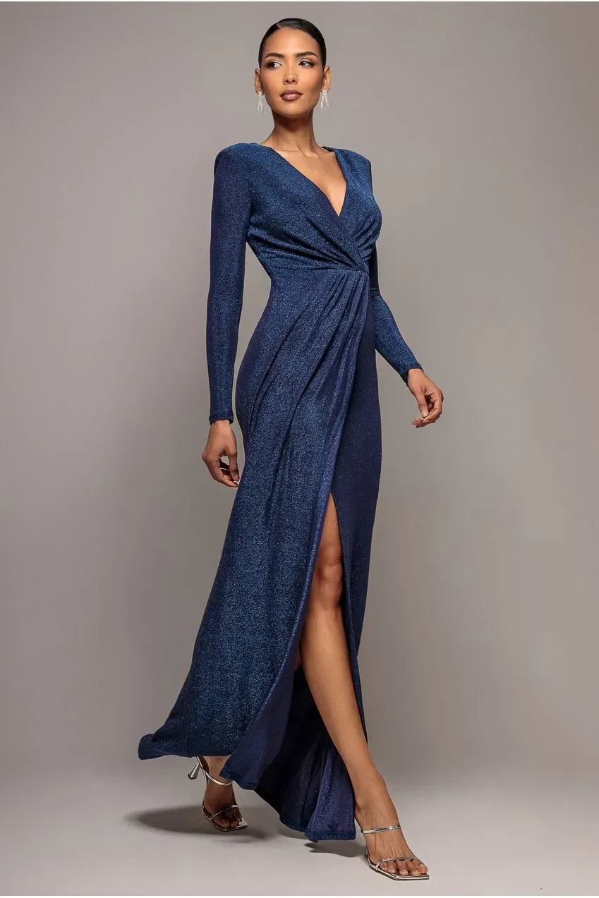 Goddiva abito maxi navy lurex scollo profondo spacco manica lunga