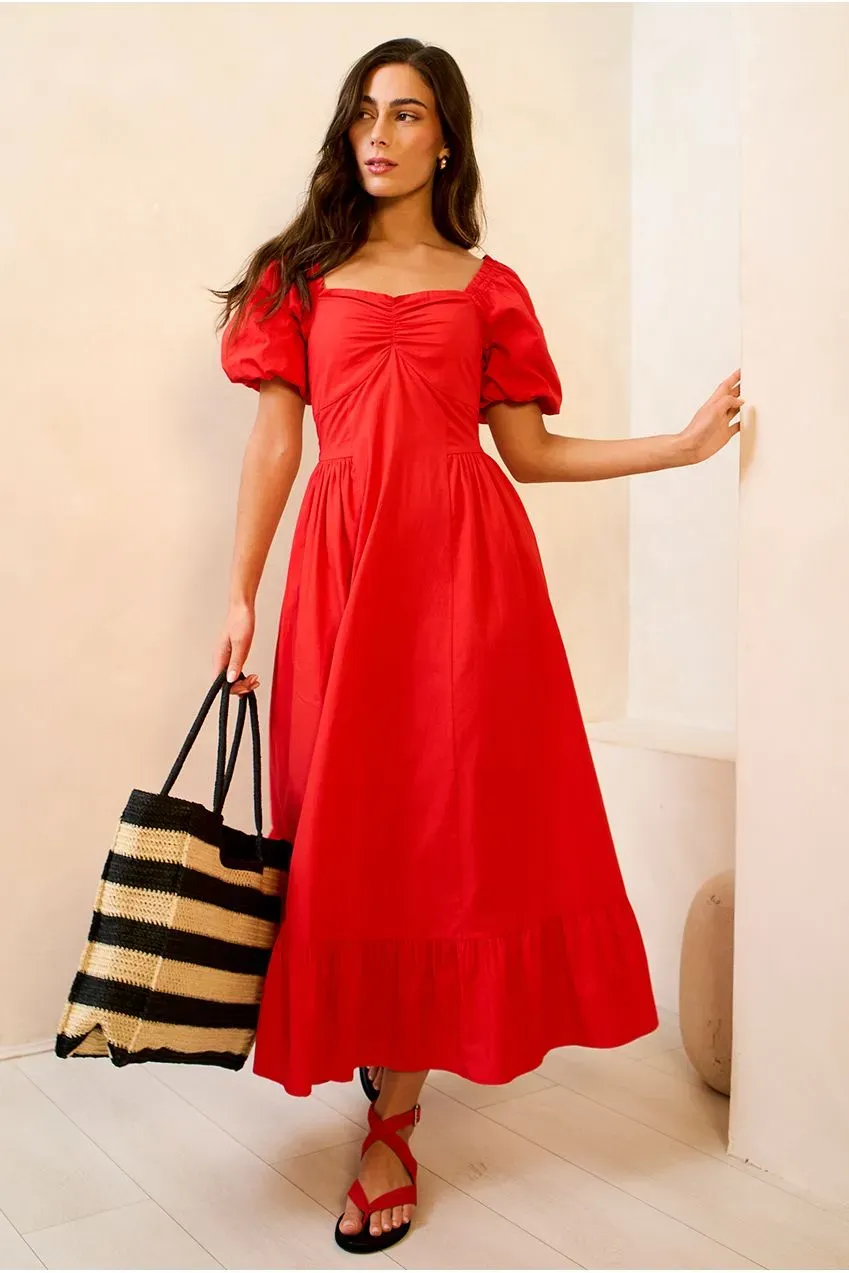 Gini London Gypsy abito midaxi rosso maniche sbuffo