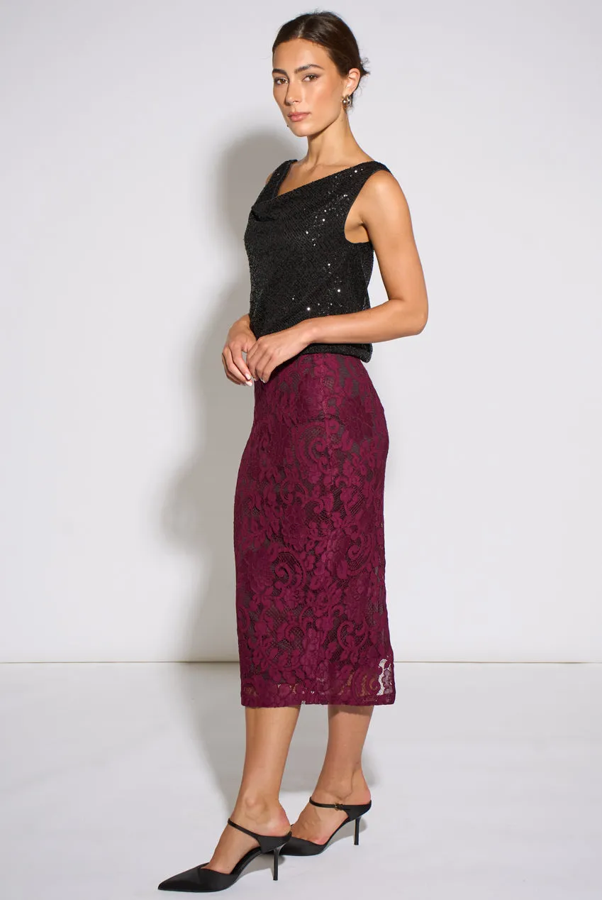 Gini London gonna matita midi pizzo prugna cordonetto