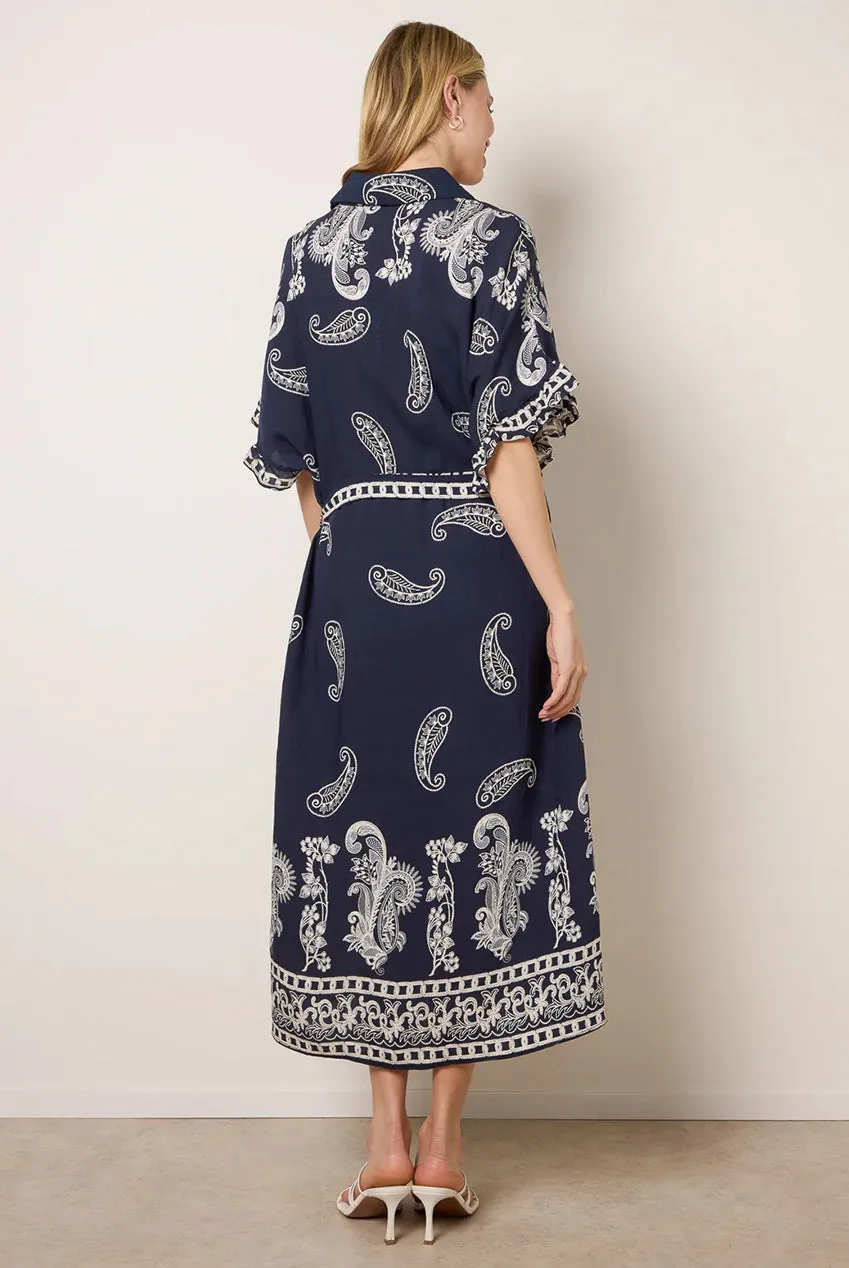 Blue Vanilla Abito Camicia Paisley Cintura Navy