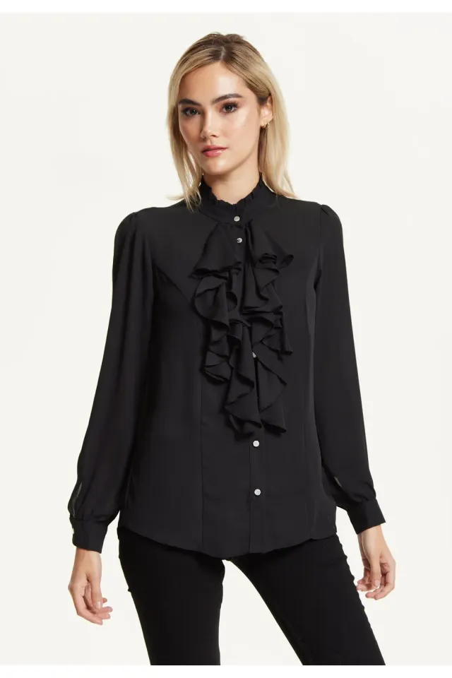 Liquorish Black Ruffle Front camicia nera volant collo alto