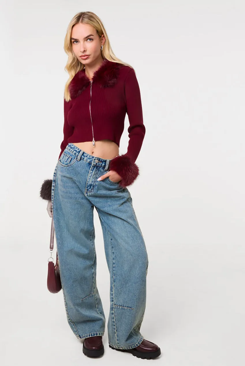Pink Vanilla Fur Trim Zip cardigan bordeaux con pelliccia