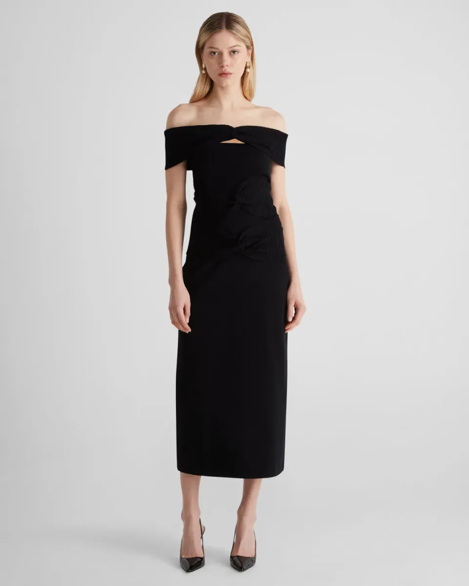 Violante Nessi Zita abito knit nero spalle scoperte nodi