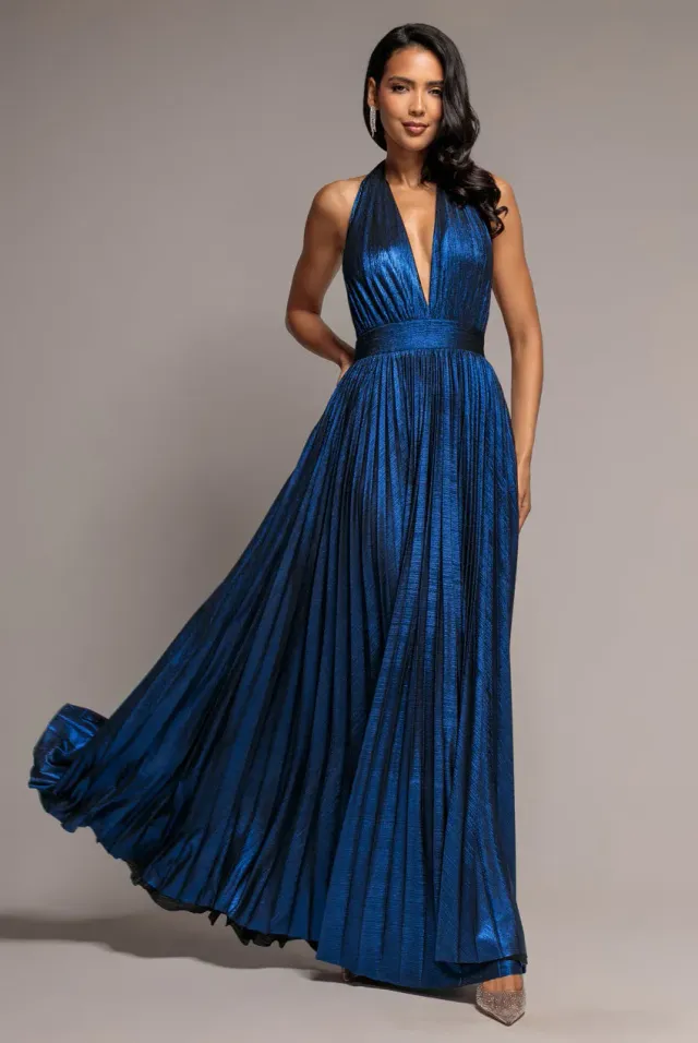 Goddiva Open Back Sunrise Foil Halterneck A Line abito maxi blu navy