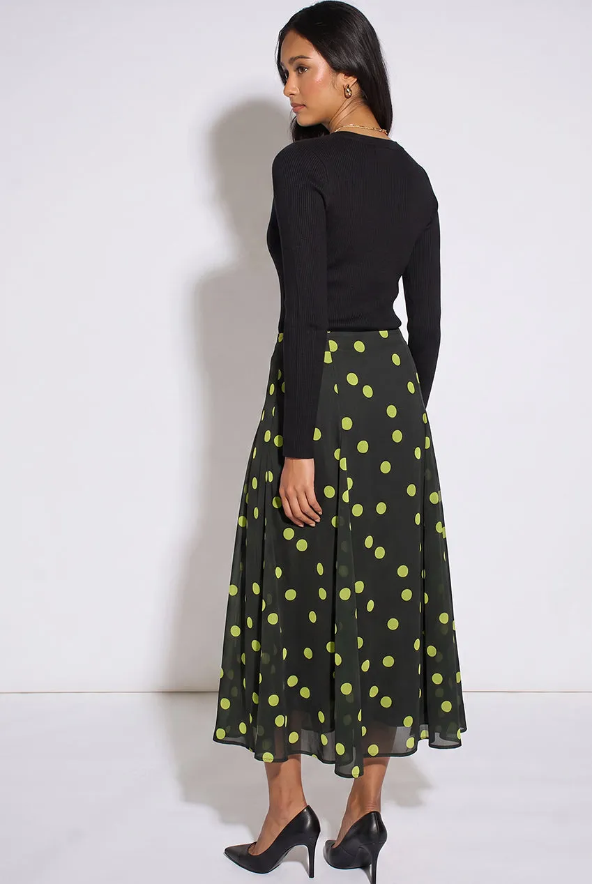 Gini London Gonna Midi Satin Verde Lime a Pois Godet Taglia 10