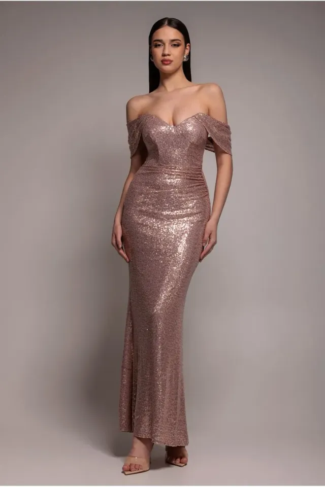 Goddiva DR3616 abito paillettes champagne spalle scoperte