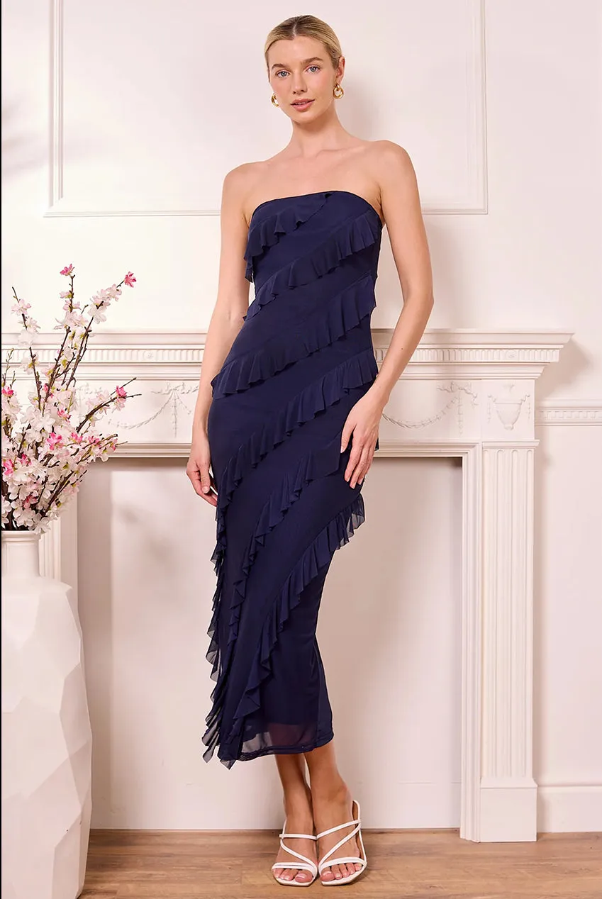 Angeleye Navy Mesh Ruffled abito midi navy senza spalline