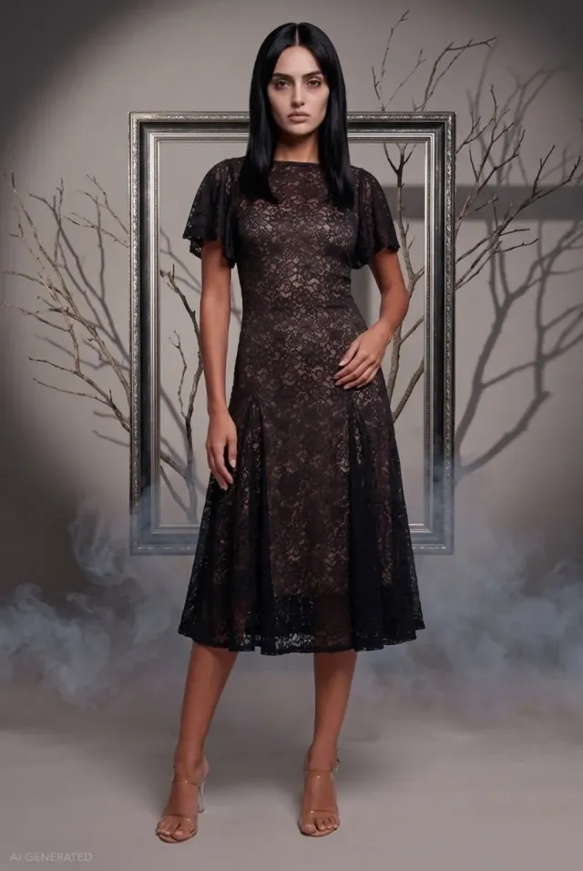 Goddiva Wednesday Addams Abito midi nero in pizzo
