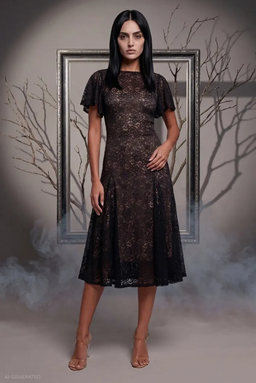 Goddiva Wednesday Addams Abito midi nero in pizzo
