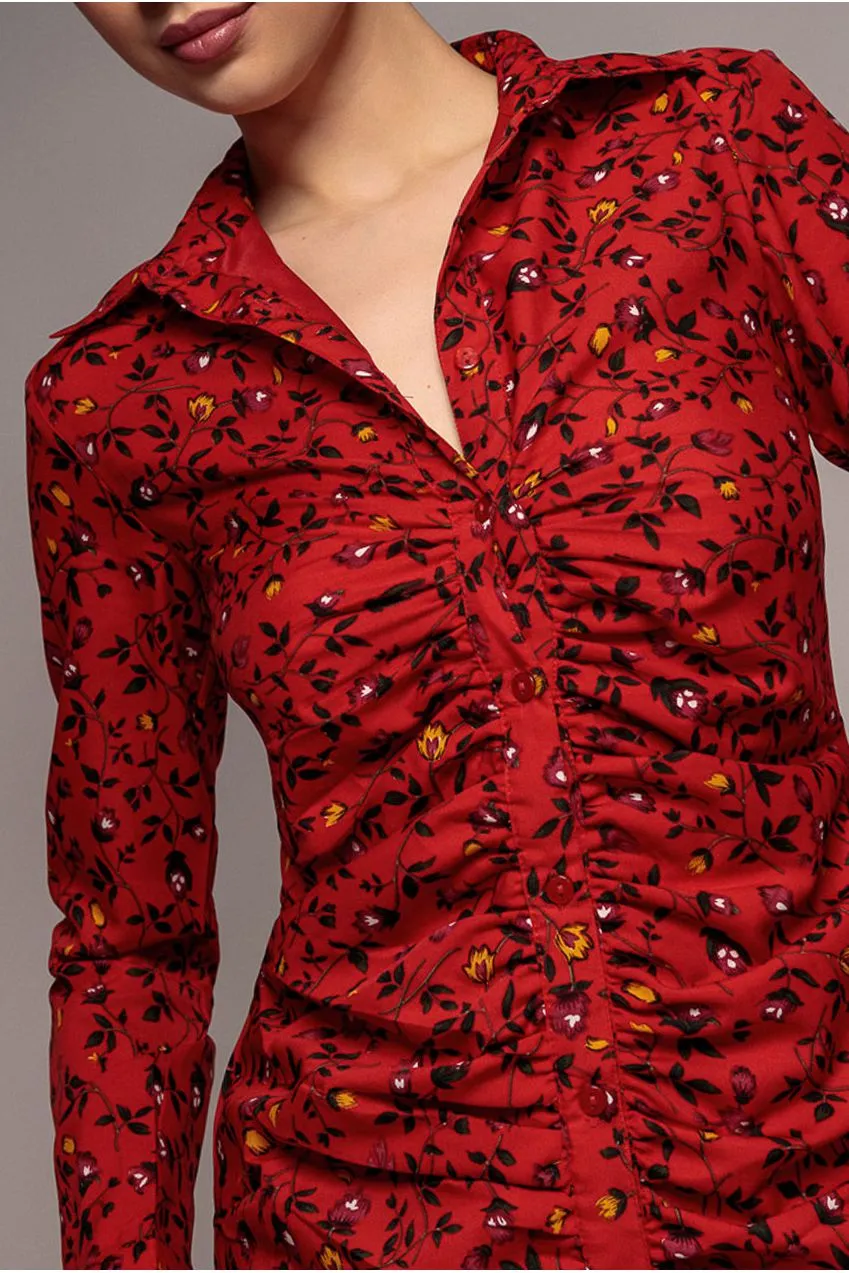 Goddiva Floral Print Abito Camicia Rosso Midi Floreale