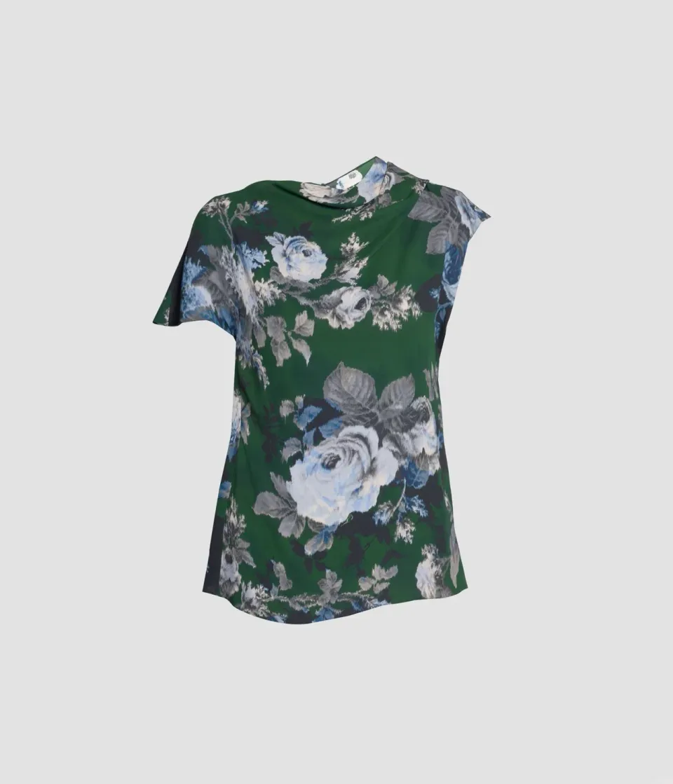 Erdem Top Crepe Verde Fiori Drappeggio Corto