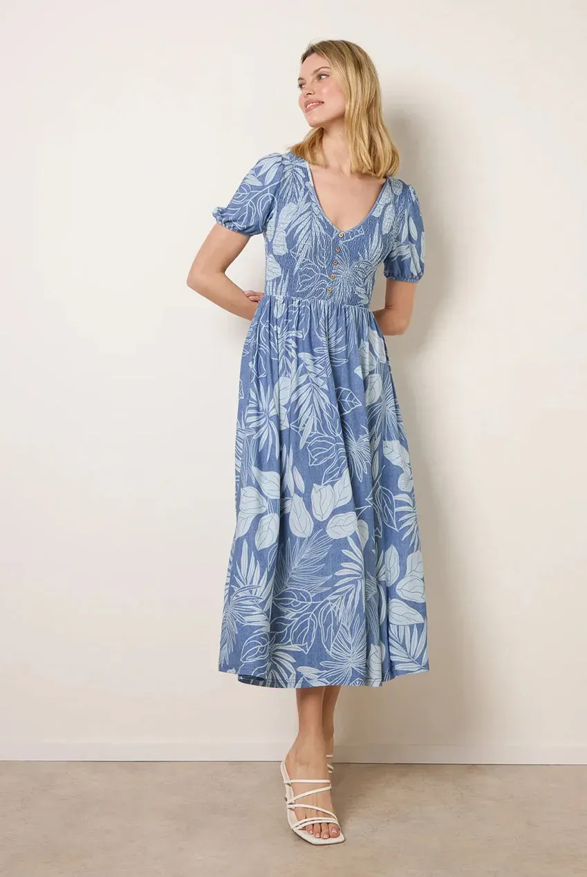 Blue Vanilla Shirred abito midi blu scollo V vita arricciata