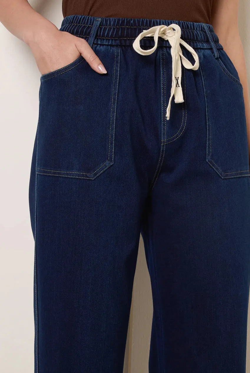 Blue Vanilla Drawstring pantaloni indaco denim gamba larga