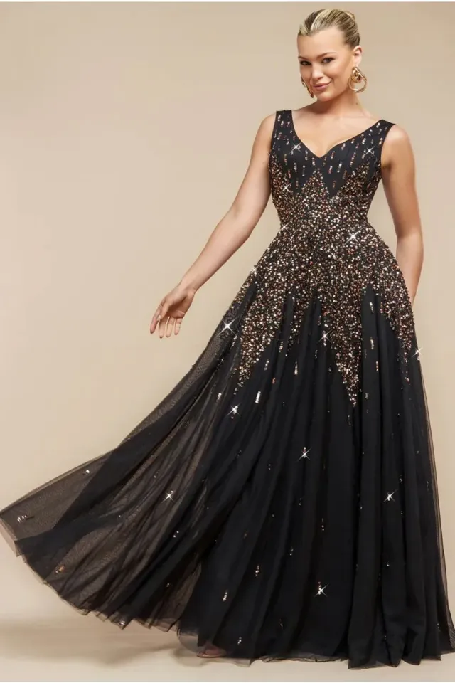 Goddiva Sunray maxi abito nero paillettes scollo V senza maniche
