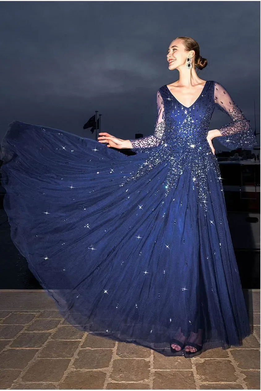 Goddiva Sunray abito maxi blu navy paillettes scollo V