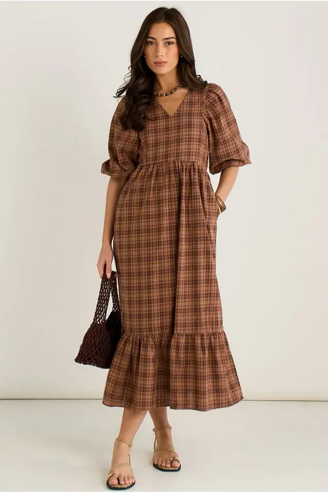 Gini London Puff Sleeves abito midi marrone cotone