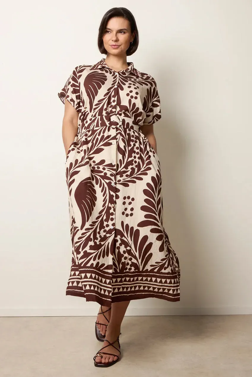 Blue Vanilla Tropical Leaf abito camicia midi cioccolato