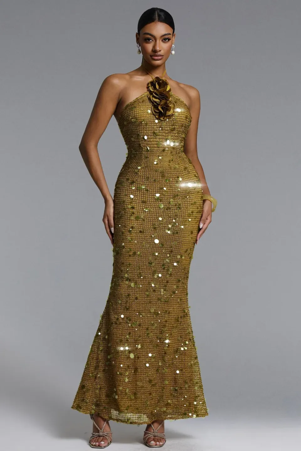 Bella Barnett Liza abito maxi verde paillettes floreali