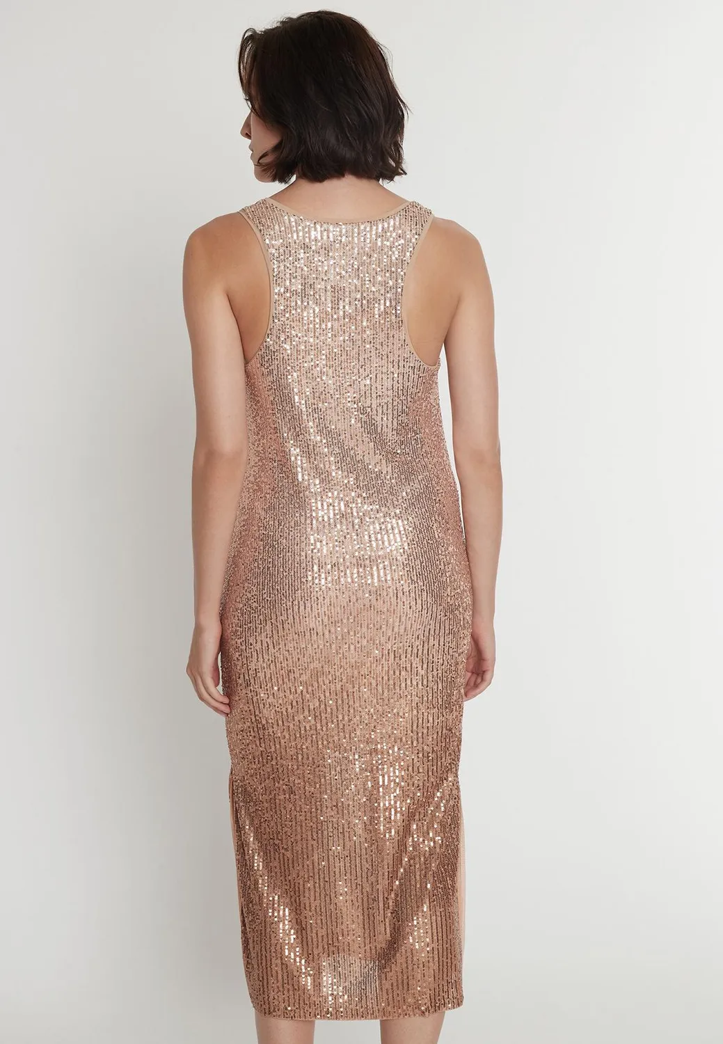 Ana Alcazar Paasy abito midi paillettes rame oro aderente