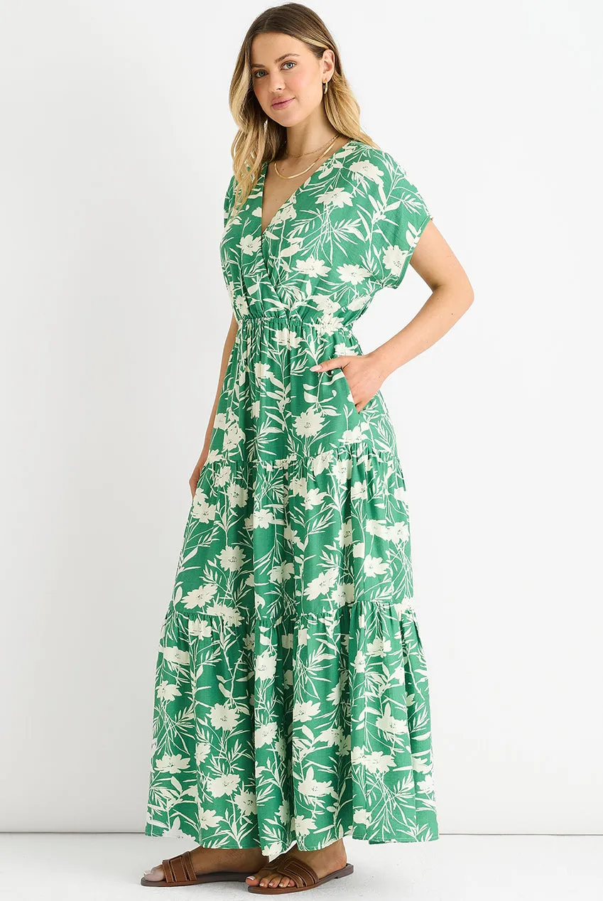Gini London abito lungo verde floreale vita elasticizzata