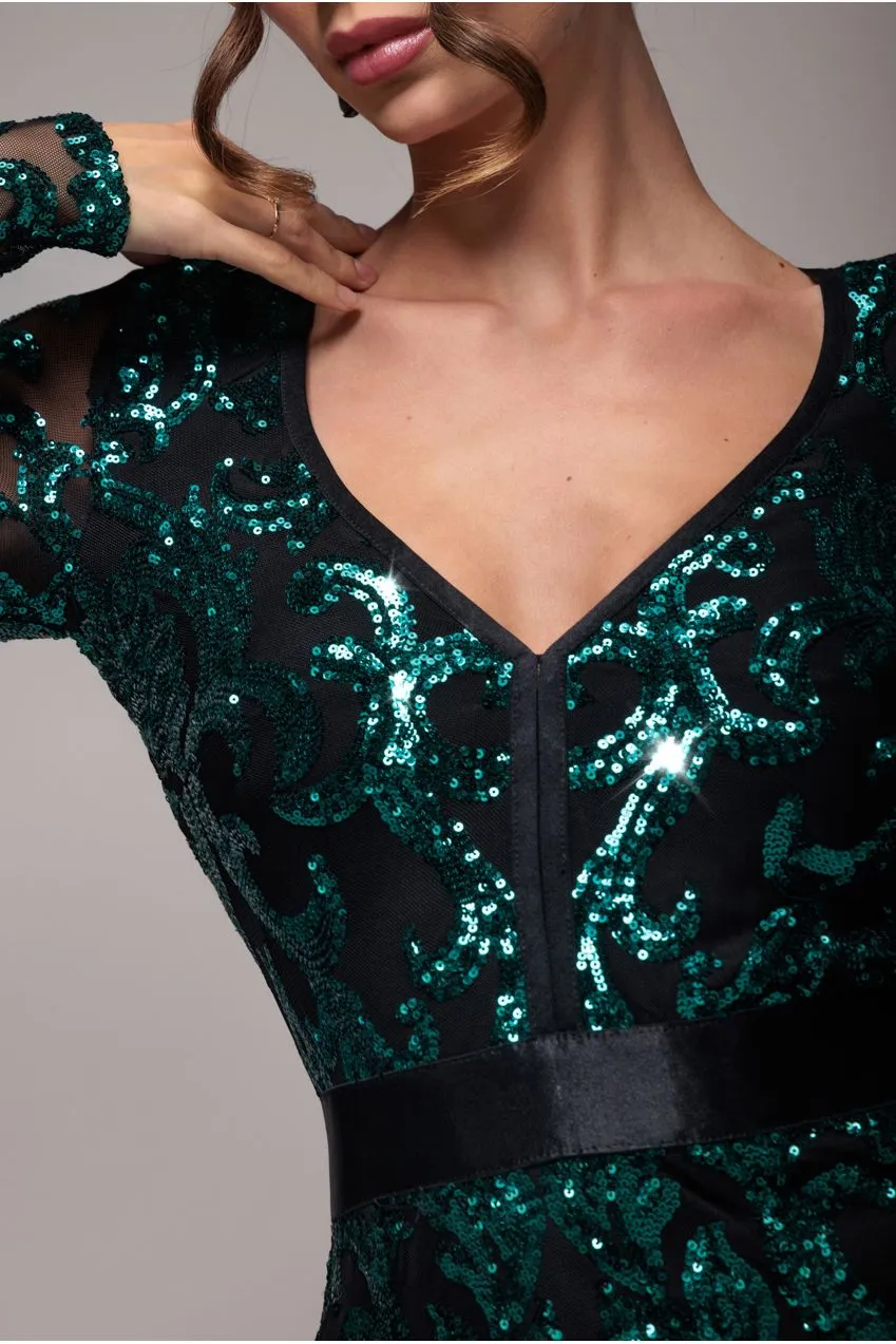 Goddiva DR4006 Abito Midaxi Paillettes Verde Smeraldo con Frange