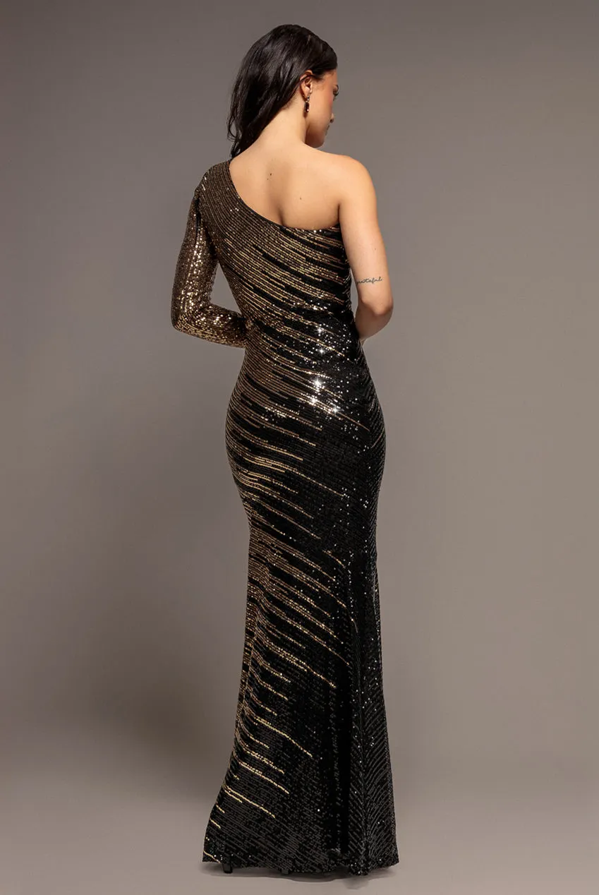 Goddiva One Sleeve Diagonal abito maxi oro paillettes