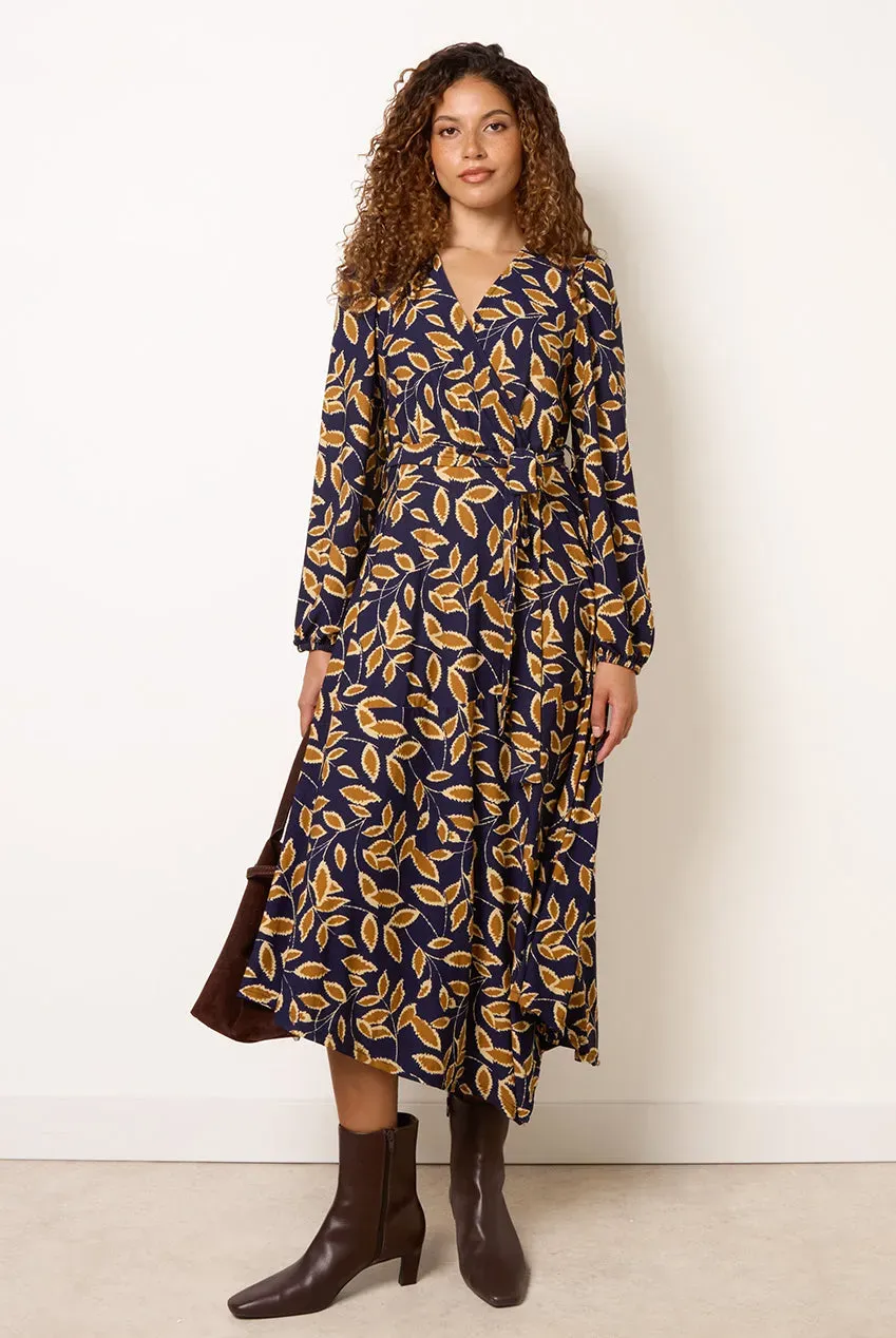 Blue Vanilla Asymmetric Wrap Abito Midi Navy Manica Lunga