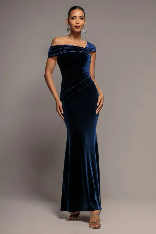 Goddiva One Shoulder Velvet Maxi abito velluto navy