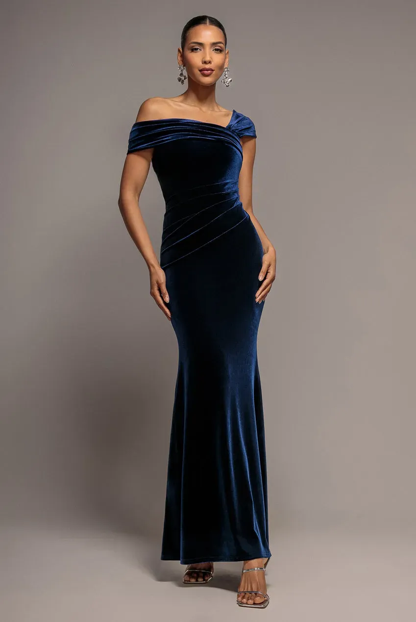 Goddiva One Shoulder Velvet Maxi abito velluto navy