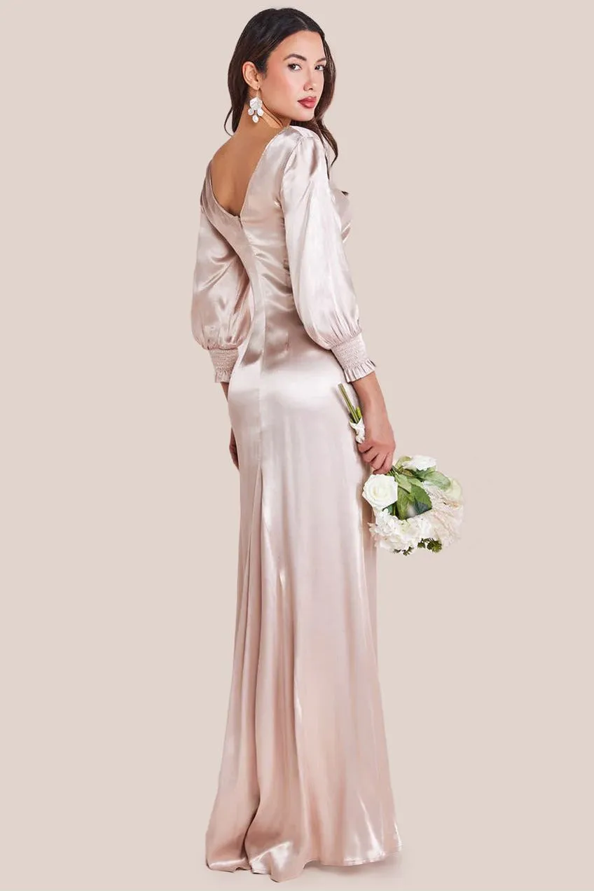 Goddiva Satin Viscose abito maxi scollo cuore champagne