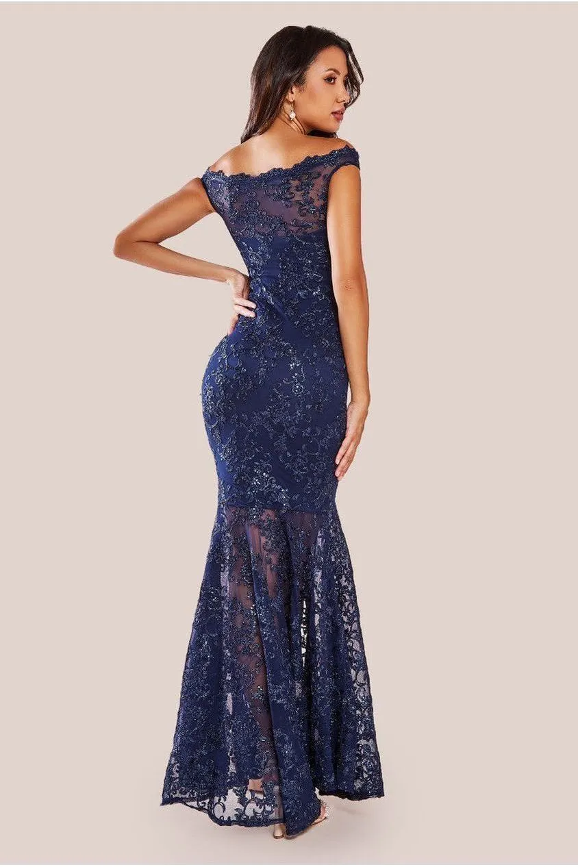 Goddiva Lace abito maxi navy pizzo spalle scoperte sirena