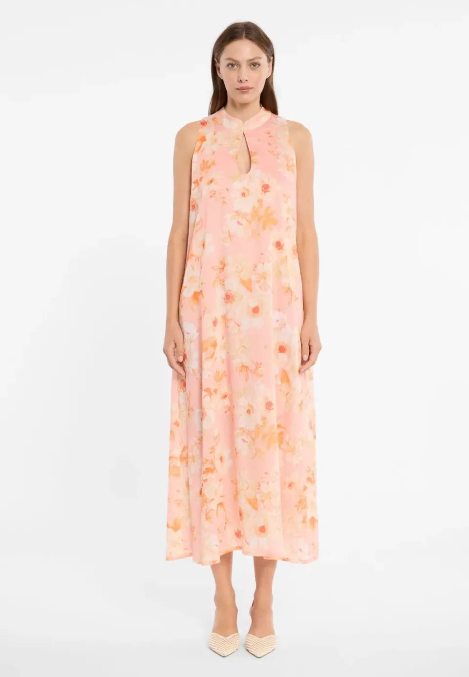 Ana Alcazar Dorenaa abito maxi floreale rosa scollo goccia