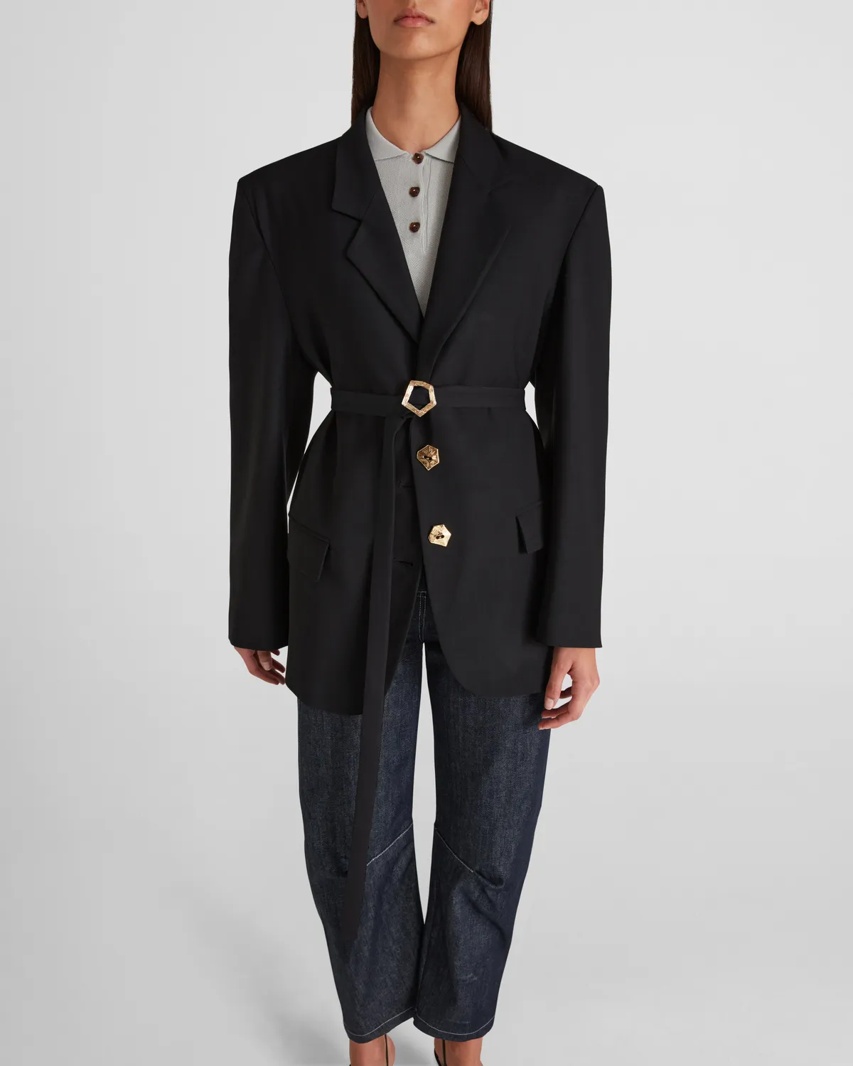 Violante Nessi George blazer nero crepe lana cintura oro