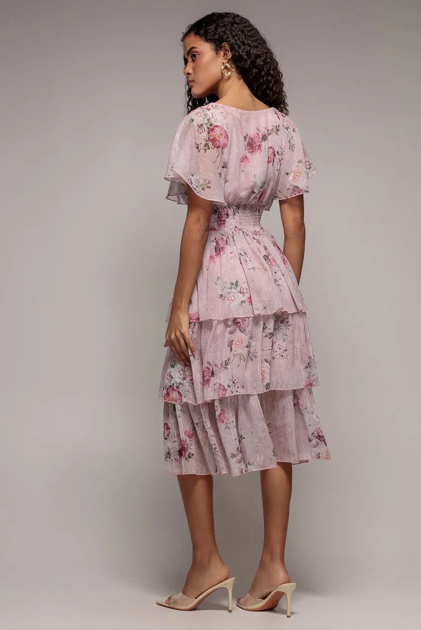 Goddiva Layered Floral Midi With Flutter Sleeves abito blush floreale