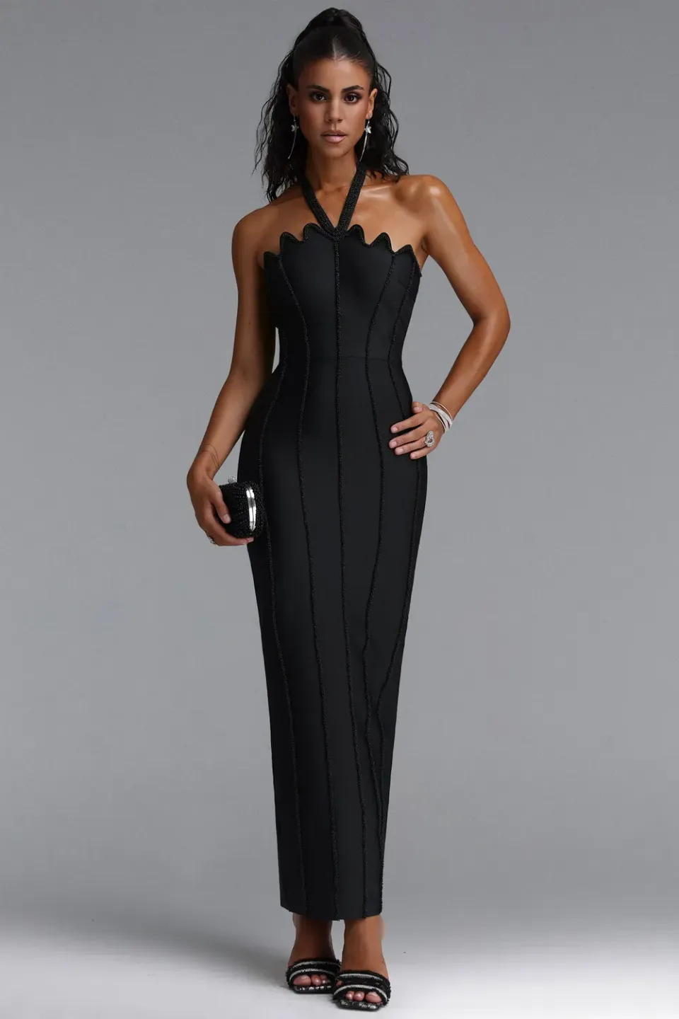 Bella Barnett Kalene maxi abito nero halter S-L