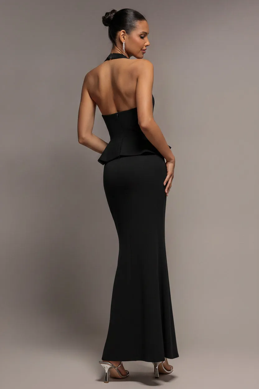 Goddiva Peplum maxi abito nero halter fibbia 8-16