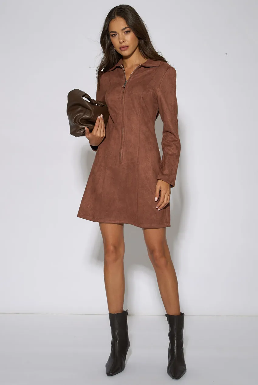 Gini London Zip abito mini marrone scamosciato