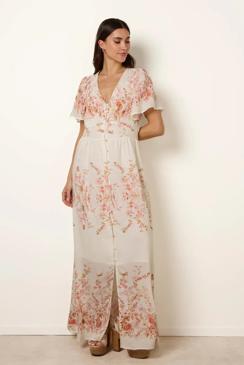 Blue Vanilla vestito maxi rosa floreale bottoni cotone